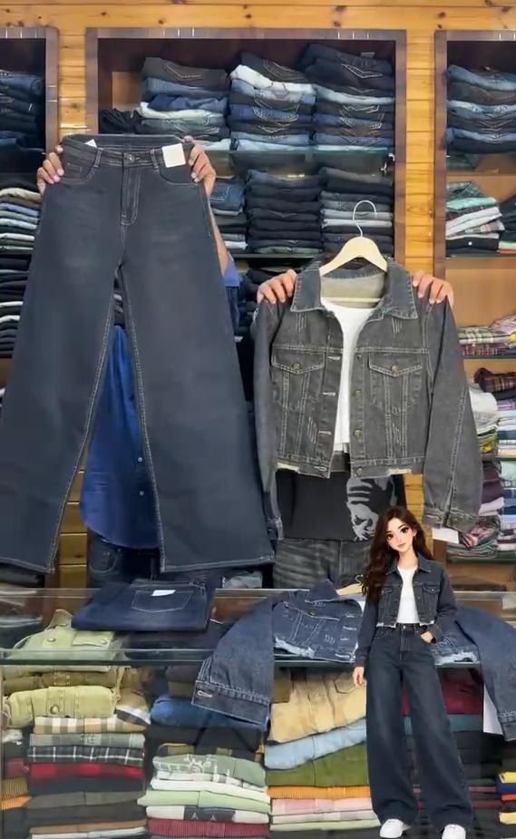 Denim Jacket With Loss Bottom Jeans And Inner