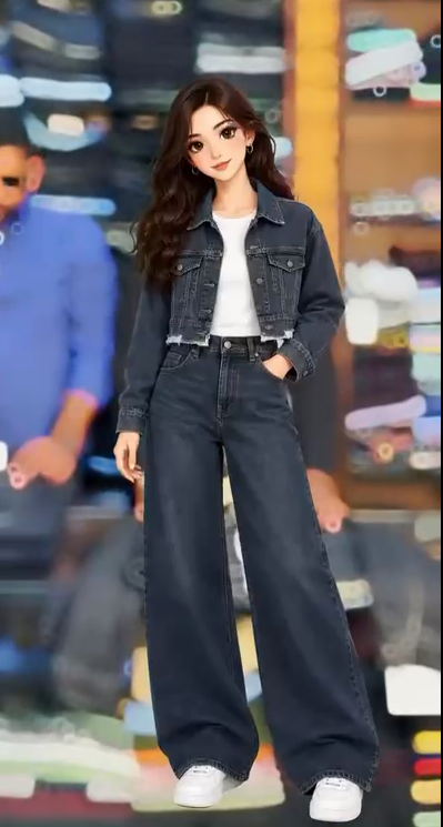 Denim Jacket With Loss Bottom Jeans And Inner
